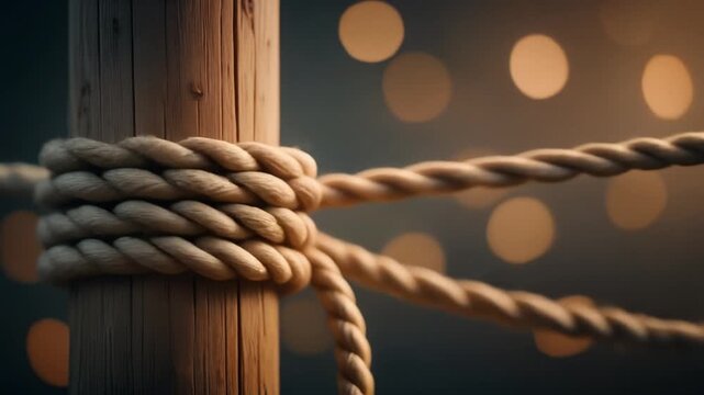 A rope is tightly wound around a wooden post, with blurred lights in the background.
