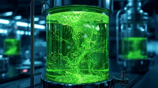 Glowing green liquid swirling inside large glass bioreactor in futuristic laboratory with neon illumination
