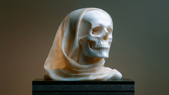 Stark, realistic marble bust of a skull draped in a flowing white shroud, resting on a dark pedestal, representing mortality, death, history, and the ephemeral. - Powered by Adobe