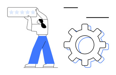 Person holding star rating with adjacent gear emphasizing interaction, feedback, process optimization, and improvement. Ideal for customer service, quality management, feedback systems, user
