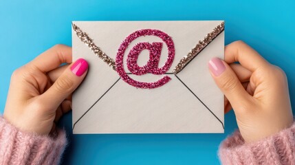 Creative hands holding a stylish envelope adorned with a sparkling pink email symbol on a vibrant blue background expressing modern communication and digital etiquette