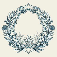 Vintage ornamental frame with an ocean scene, sailboat, mountain, and birds in elegant line-art style, monochrome ink illustration.