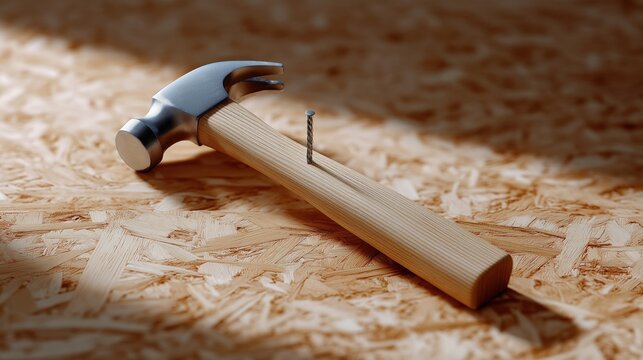 Creative and surreal still-life photograph of a hammer with a nail partially driven into its wooden handle, lying on an OSB particle board.