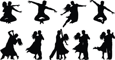 Ballroom dance silhouettes, elegant couples, romantic poses, black illustration, expressive movement, dancing figures, performance art, stage action, choreography, love, style