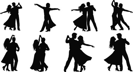 Ballroom dance silhouettes, elegant couples, romantic poses, black illustration, graceful movement, dancing figures, choreography, stage performance, love, style, motion, art