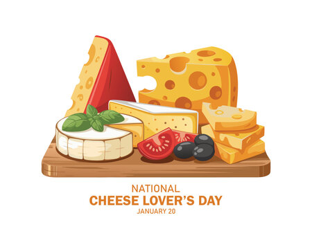 National Cheese Lover’s Day poster vector illustration. Various types of cheese on a wooden cutting board icon vector. Cheese platter with camembert and more. January 20.