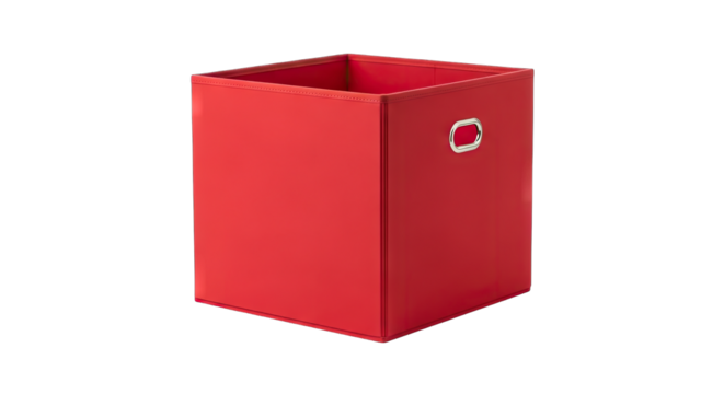 A Simple Red Storage Cube Box with Stitched Edges and a Small White Detail on the Side Presented Against a Transparent Background Ideal for Organization and Storage Solutions