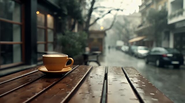 A rainy day in a cafe with a cup of coffee on a wooden table. The scene is captured with a shallow depth of field.
