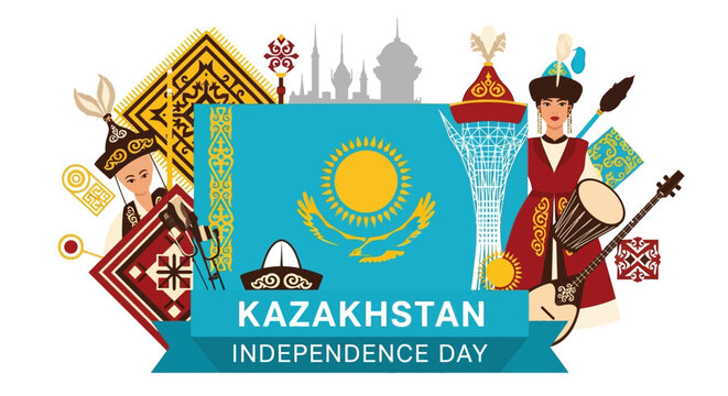Celebrate Kazakhstan Independence Day with this vibrant and culturally rich design featuring traditional clothing, architecture, and national symbols for a proud and patriotic feel
