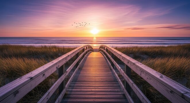 A wooden boardwalk leading towards the ocean at sunset, with tall grass lining the path and a flock of birds flying in the colorful sky, evoking a sense of journey and tranquility - Powered by Adobe