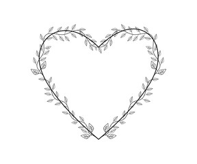 Minimalist heart frame with delicate botanical vines and leaves, perfect for romantic cards, wedding invitations, and elegant decorative designs.