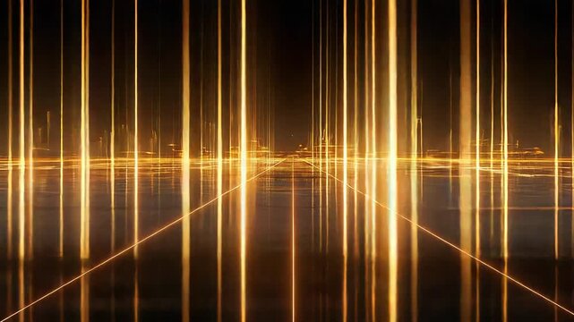 Golden light beams creating abstract digital grid