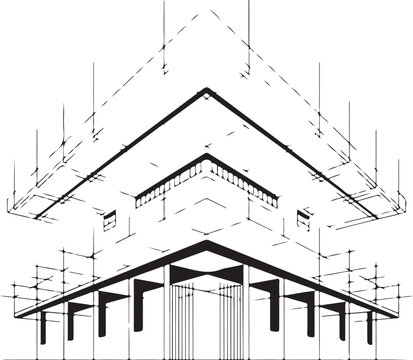Architectural blueprint illustration of a modern building featuring complex geometric lines and structural details. Vector