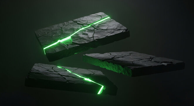 Three dark, cracked stone platforms with glowing green energy lines emanating from fissures, set against a dark, moody background