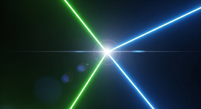 Three laser beams, green and blue, crossing in the center with a bright light and lens flare effect on a dark background