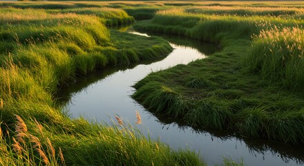 The way reeds and grasses mark the water's path.
