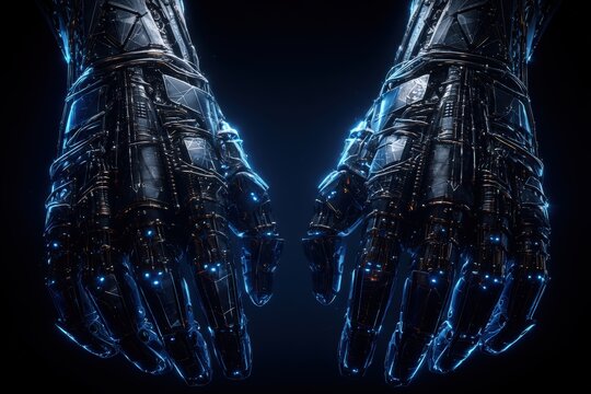 Futuristic robotic hands exhibiting intricate mechanical design and glowing blue accents demonstrating advanced technology in a dark ambient environment representing innovation and digital
