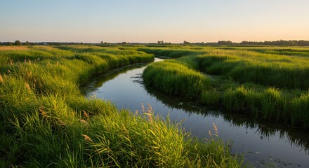 The way reeds and grasses mark the water's path.