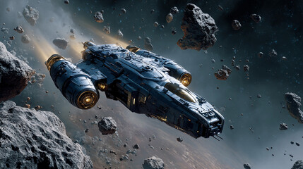 A spaceship navigating through an asteroid field in deep space