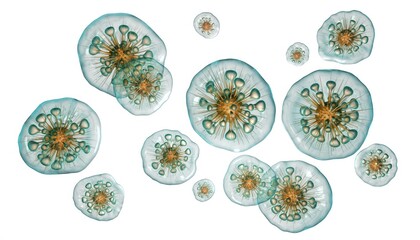 3D microscopic view of virus or bacteria cells in abstract form, illustrating infectious disease, microbiology, pathogen transmission.