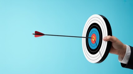 Hand Holding Archery Target with Arrow Hitting Center Against Blue Background