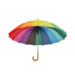 Open Rainbow Colored Umbrella With Wooden Handle Isolated On Black Background Studio Shot