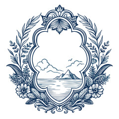 Vintage ornamental frame with an ocean scene, sailboat, mountain, and birds in elegant line-art style, monochrome ink illustration.