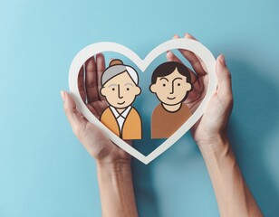 Hands holding heart frame with elderly cartoon couple inside, symbolizing elderly care, family love, and support for aging parents in a warm, emotional, and caring concept.