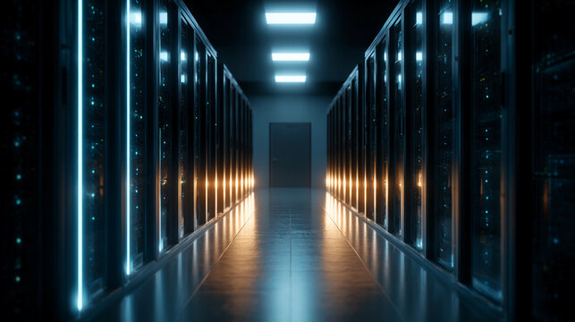 Data center corridor with illuminated servers and sleek design