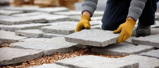 Hands applying sealant to glass while working with construction foam shingles in a workshop setting during daylight hours