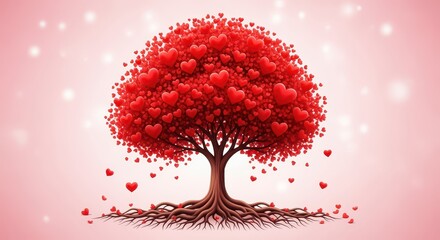 Beautiful Heart-Shaped Tree with Red Hearts on Pink Background for Romantic Themes