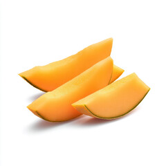A trio of cantaloupe slices with vibrant orange flesh, isolated on white background