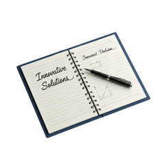 Open Spiral Notebook With Innovative Solutions Written In Black Ink And Pen On A Clean White Page With A Black Pen On The Right Side In A Studio Shot