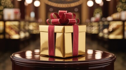 Golden gift box with red ribbon in festive shop atmosphere during holiday season