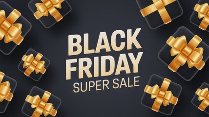 Black Friday Super Sale Concept with Gift Boxes and Golden Bows on Dark Background