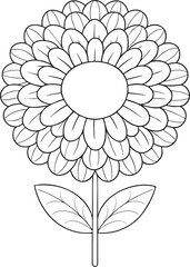 Detailed zinnia flower line art illustration with leaves and stem, perfect for creative coloring book page