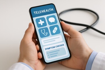 Hands Holding Smartphone with Telehealth Application for Medical Symptom Checker