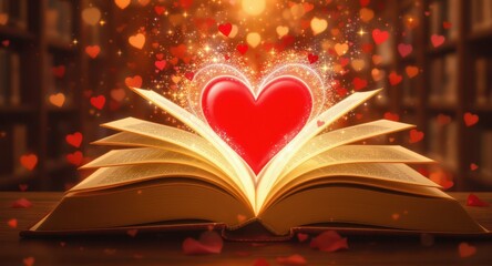 Magical Open Book with Heart Shapes and Glowing Lights in a Cozy Library Setting