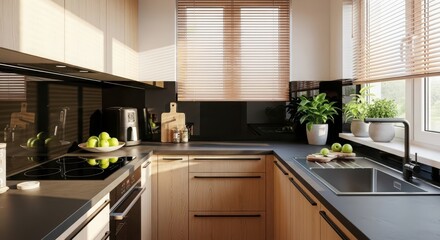 Fototapeta premium Bright and functional kitchen with wooden cabinets, black countertop, and window blinds, modern home interior