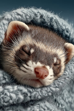 Furet endormi blotti dans une couverture en laine, portrait animal mignon et apaisant de petit NAC au repos