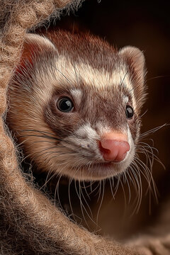 Furet endormi blotti dans une couverture en laine, portrait animal mignon et apaisant de petit NAC au repos