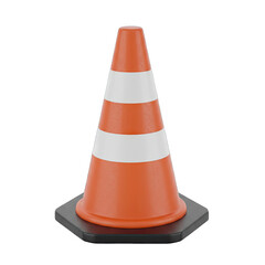 Orange and white traffic cone with black base isolated on a transparent background representing traffic safety and construction zones