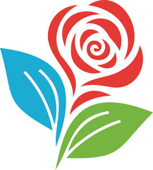 Stylized Rose Flower Icon Vector, Abstract Red Bloom with Blue and Green Leaves