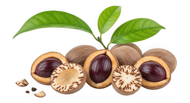 Nutmeg seeds and green leaves, a popular spice