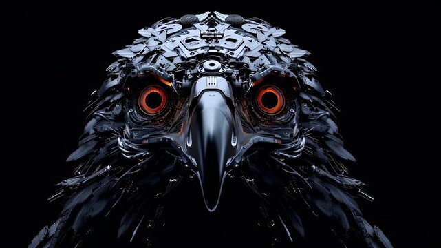 A highresolution, detailed digital artwork of a birds head, possibly a raven or crow, with intricate mechanical details and glowing red eyes. The birds feathers are intricately detailed.