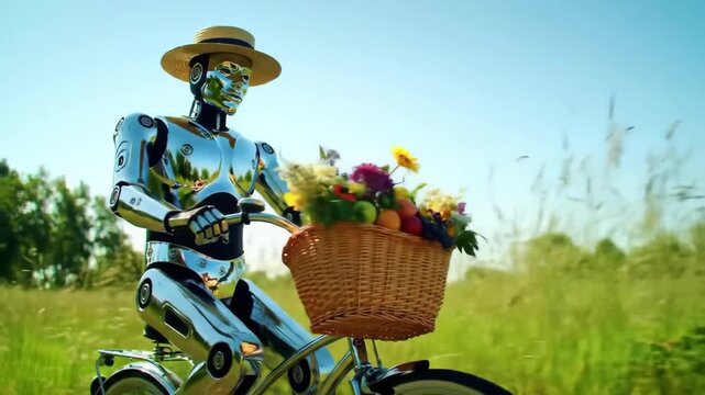 A robot is riding a ladies' bicycle with a hat on its head, the sun is shining, and there is a field all around. There are flowers and fruits in the bicycle basket.
