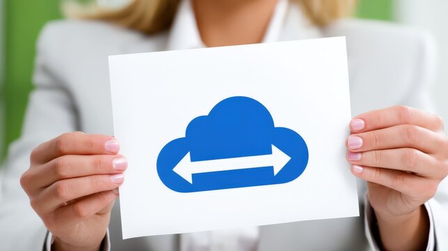 Businesswoman presenting cloud computing concept with blue cloud graphic highlighting data transfer in a clean office environment reflecting modern digital solutions