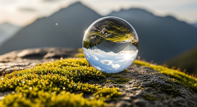 Crystal ball reflecting majestic mountain landscape and mossy ground in soft golden hour light