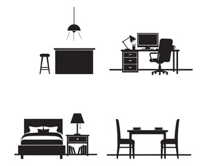 Fototapeta premium Minimalist Black and White Home Interior Scenes Vector Illustration Set