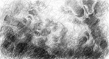 A pencil sketch of tangled lines and shapes creating a dense and abstract composition on white paper